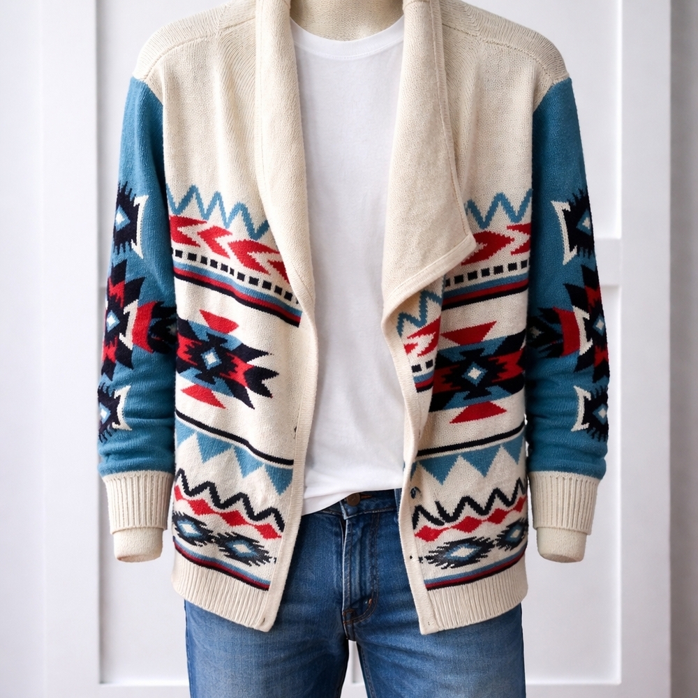 Wrangler Retro Men Or Women's Cream & Teal Aztec Shawl Collar Cardigan Sweater